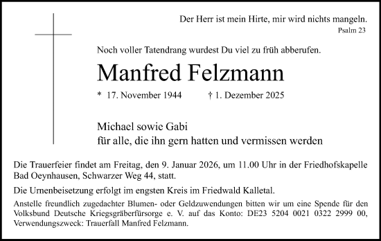 Anzeige von Manfred Felzmann von Mindener Tageblatt