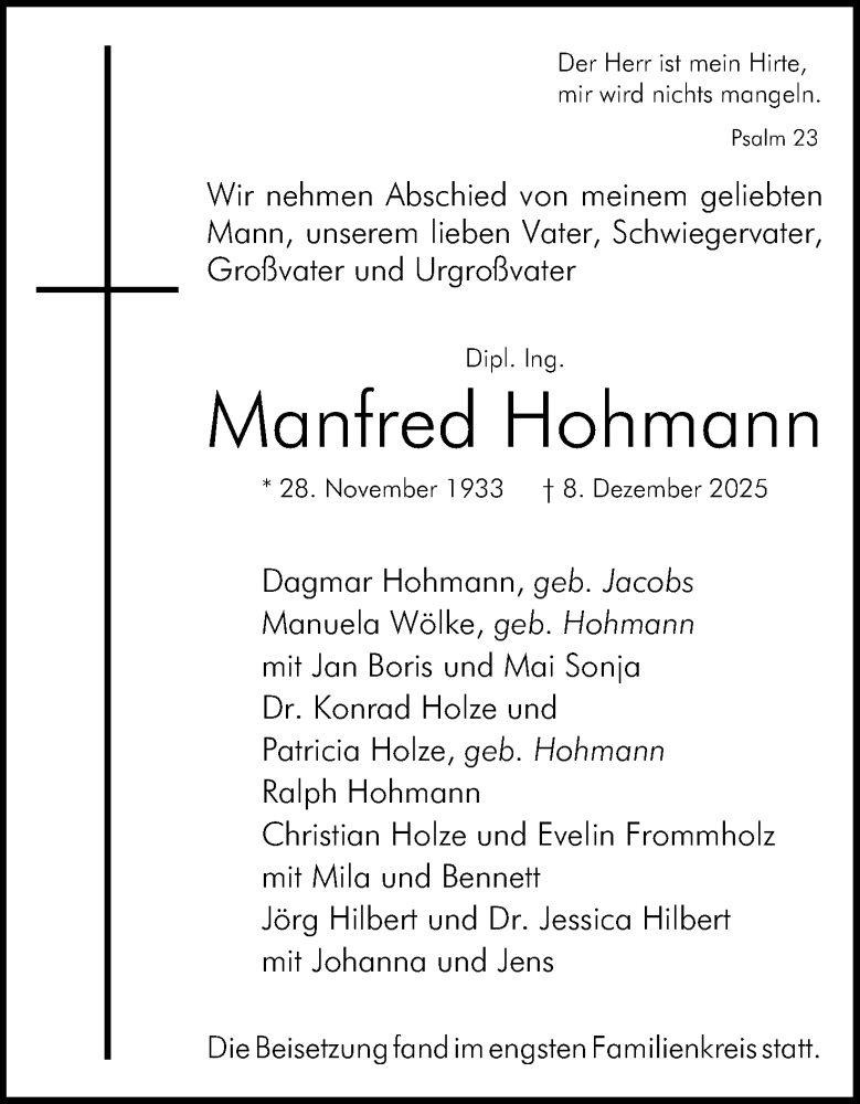  Traueranzeige für Manfred Hohmann vom 20.12.2025 aus Mindener Tageblatt