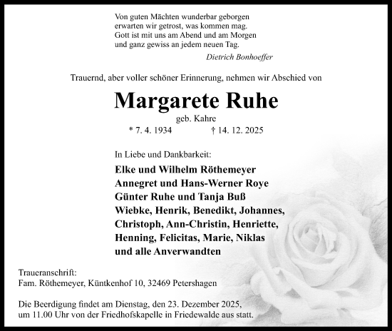 Anzeige von Margarete Ruhe von Mindener Tageblatt