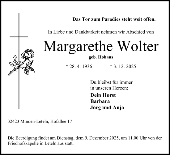 Anzeige von Margarethe Wolter von Mindener Tageblatt