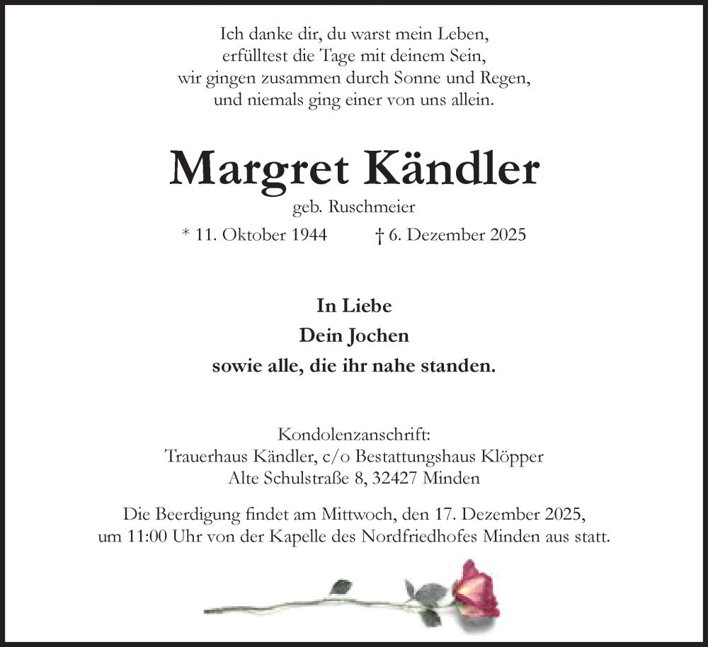  Traueranzeige für Margret Kändler vom 13.12.2025 aus Mindener Tageblatt