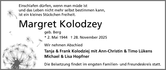 Anzeige von Margret Kolodzey von Mindener Tageblatt