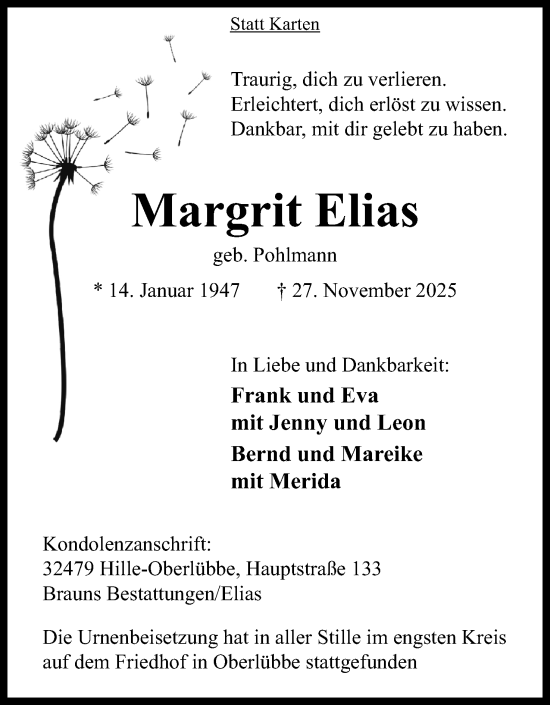 Anzeige von Margrit Elias von Mindener Tageblatt