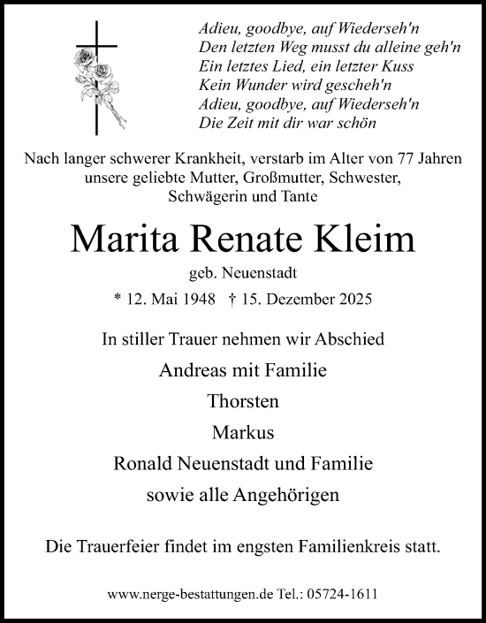 Anzeige von Marita Renate Kleim von Mindener Tageblatt