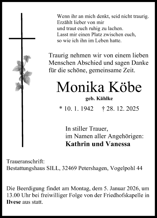 Anzeige von Monika Köbe von Mindener Tageblatt