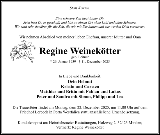 Anzeige von Regine Weinekötter von Mindener Tageblatt