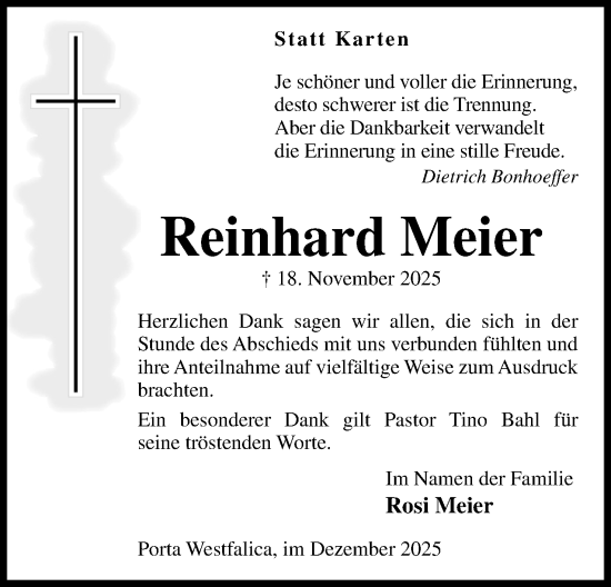 Anzeige von Reinhard Meier von Mindener Tageblatt