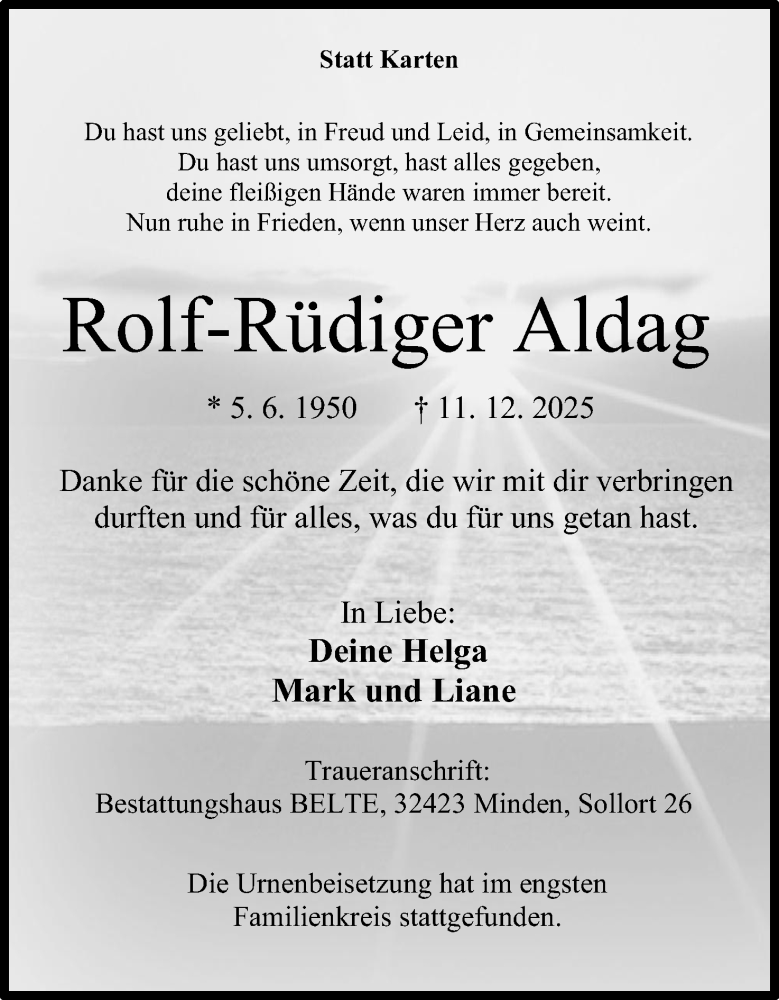  Traueranzeige für Rolf-Rüdiger Aldag vom 20.12.2025 aus Mindener Tageblatt