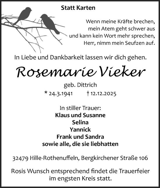 Anzeige von Rosemarie Vieker von Mindener Tageblatt