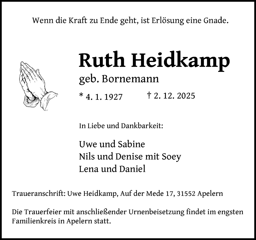  Traueranzeige für Ruth Heidkamp vom 18.12.2025 aus Mindener Tageblatt