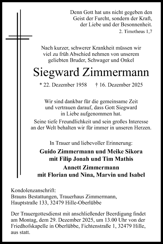 Anzeige von Siegward Zimmermann von Mindener Tageblatt