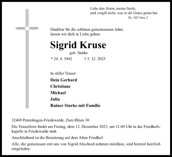 Anzeige von Sigrid Kruse von Mindener Tageblatt