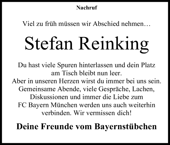 Anzeige von Stefan Reinking von Mindener Tageblatt