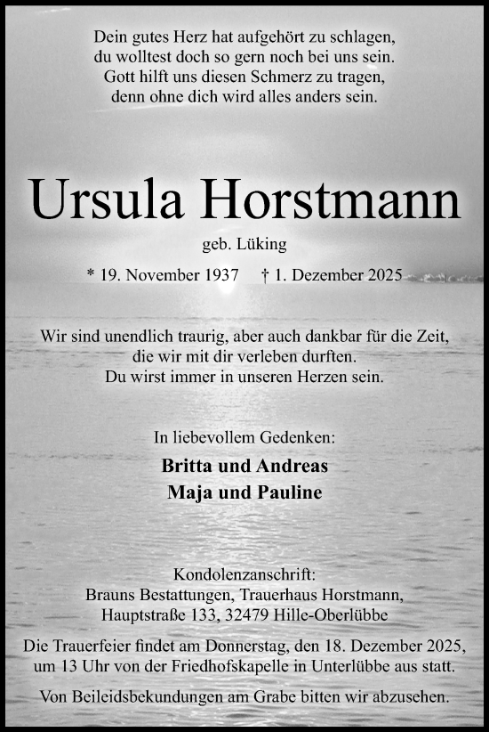 Anzeige von Ursula Horstmann von Mindener Tageblatt