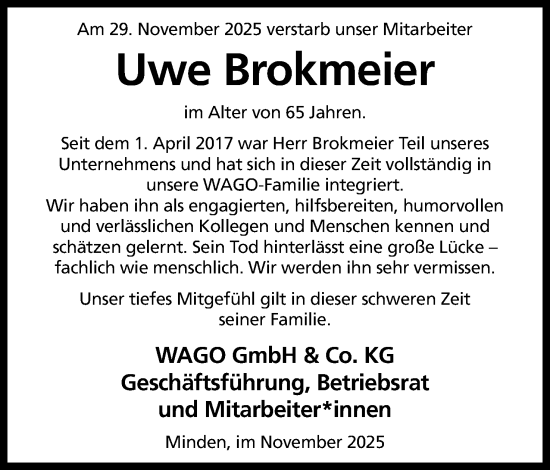 Anzeige von Uwe Brokmeier von Mindener Tageblatt