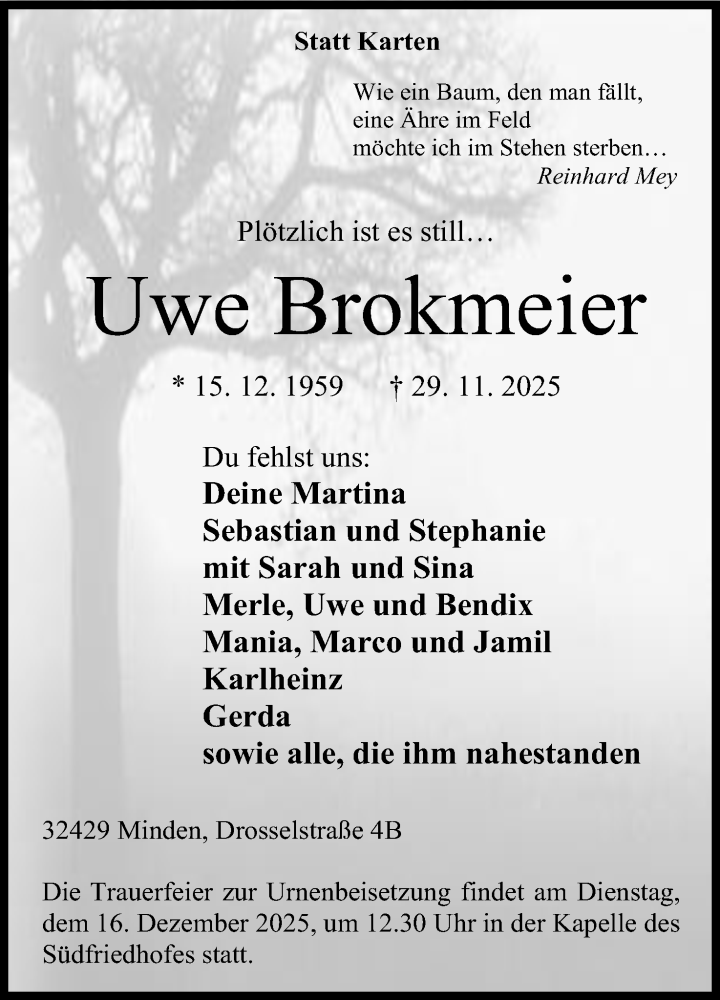  Traueranzeige für Uwe Brokmeier vom 13.12.2025 aus Mindener Tageblatt