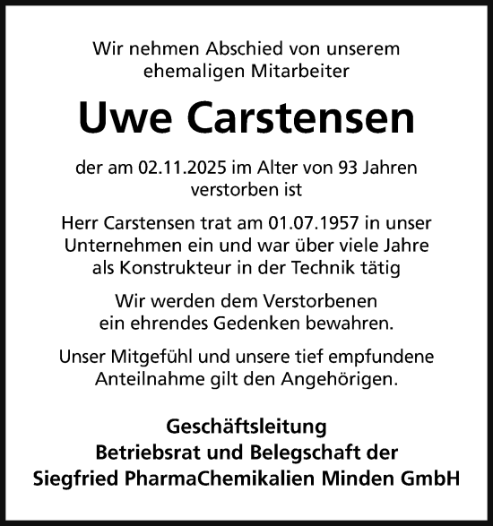 Anzeige von Uwe Carstensen von Mindener Tageblatt