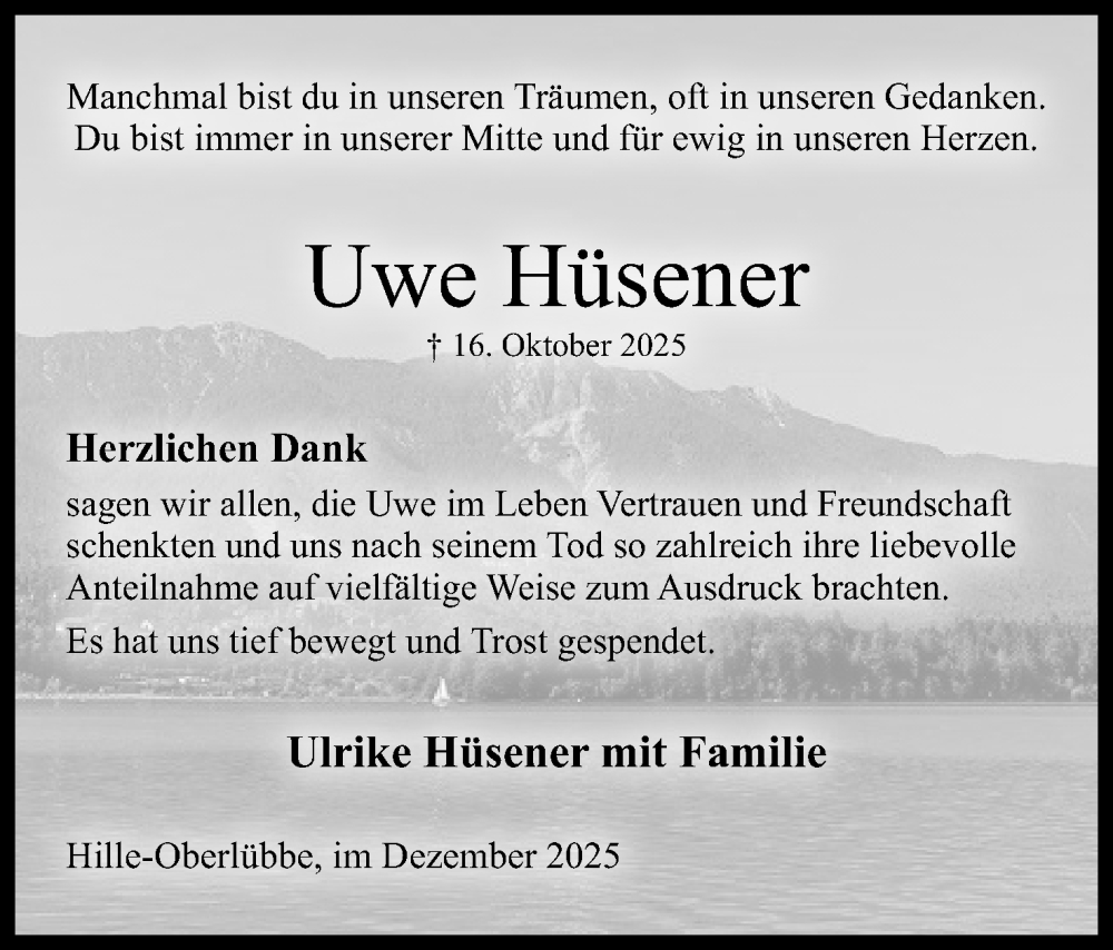  Traueranzeige für Uwe Hüsener vom 06.12.2025 aus Mindener Tageblatt