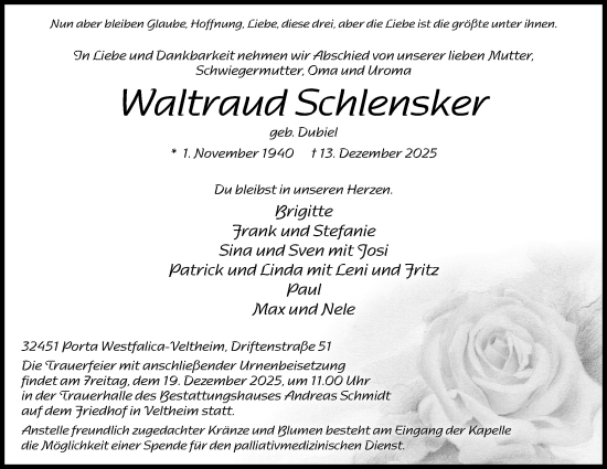 Anzeige von Waltraud Schlensker von Mindener Tageblatt