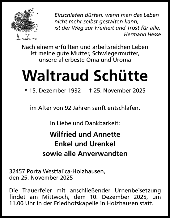 Anzeige von Waltraud Schütte von Mindener Tageblatt