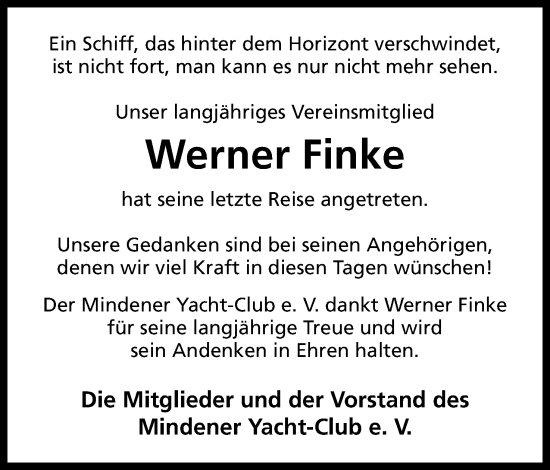 Anzeige von Werner Finke von Mindener Tageblatt