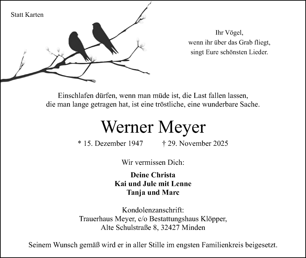  Traueranzeige für Werner Meyer vom 06.12.2025 aus Mindener Tageblatt