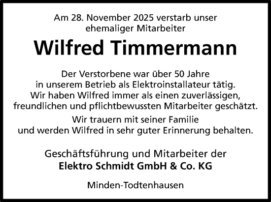 Anzeige von Wilfred Timmermann von Mindener Tageblatt