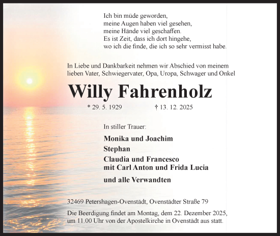 Anzeige von Willy Fahrenholz von Mindener Tageblatt