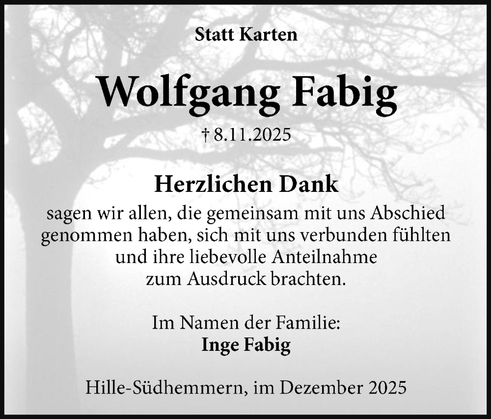  Traueranzeige für Wolfgang Fabig vom 06.12.2025 aus Mindener Tageblatt