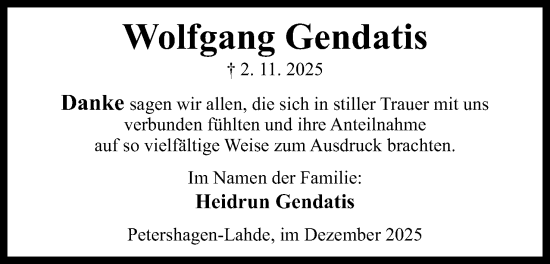 Anzeige von Wolfgang Gendatis von Mindener Tageblatt