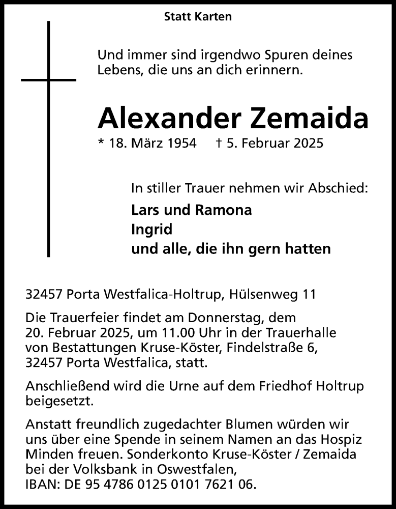  Traueranzeige für Alexander Zemaida vom 08.02.2025 aus 4401