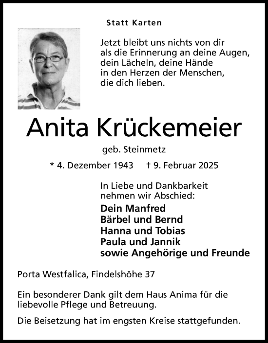 Anzeige von Anita Krückemeier von Mindener Tageblatt