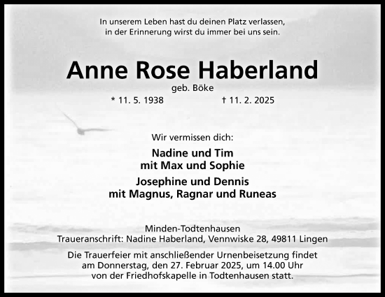 Anzeige von Anne Rose Haberland von Mindener Tageblatt