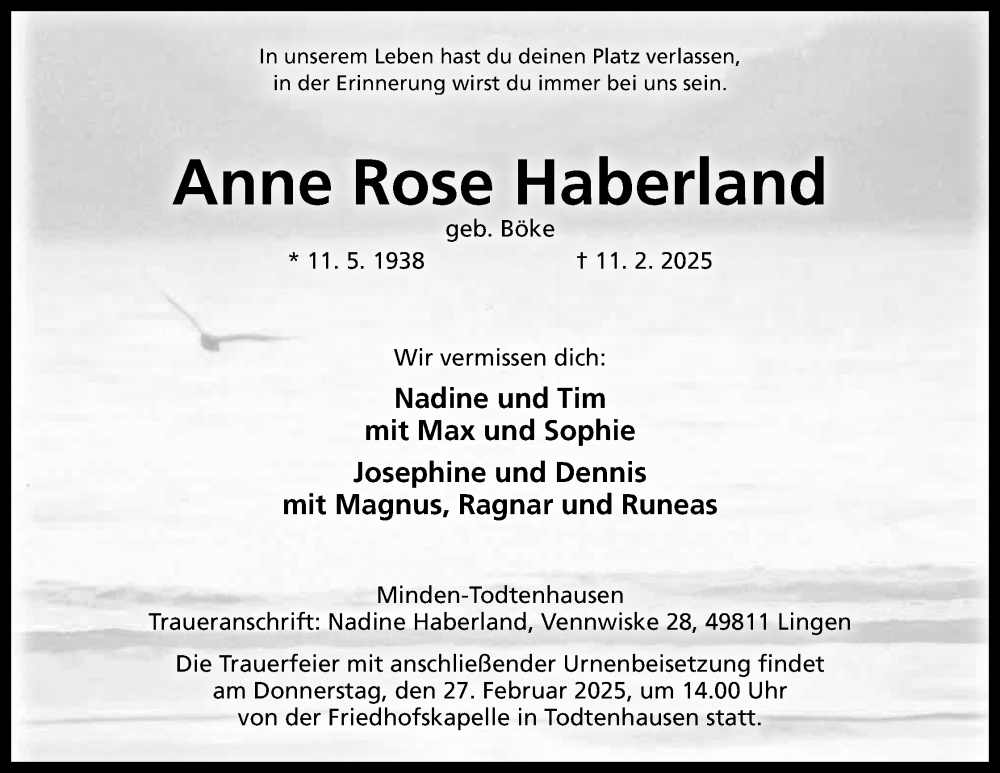  Traueranzeige für Anne Rose Haberland vom 22.02.2025 aus Mindener Tageblatt