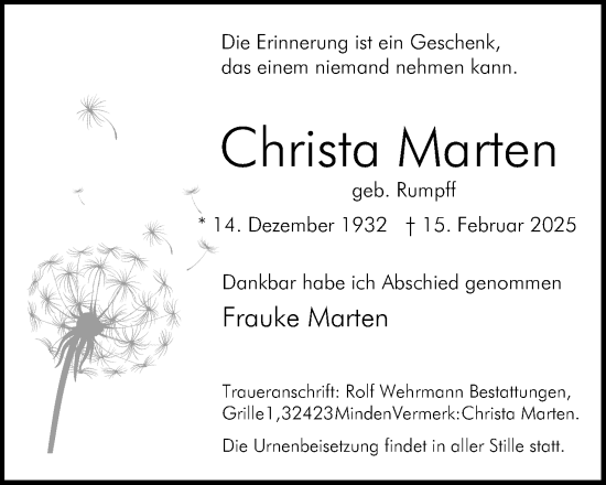 Anzeige von Christa Marten von Mindener Tageblatt
