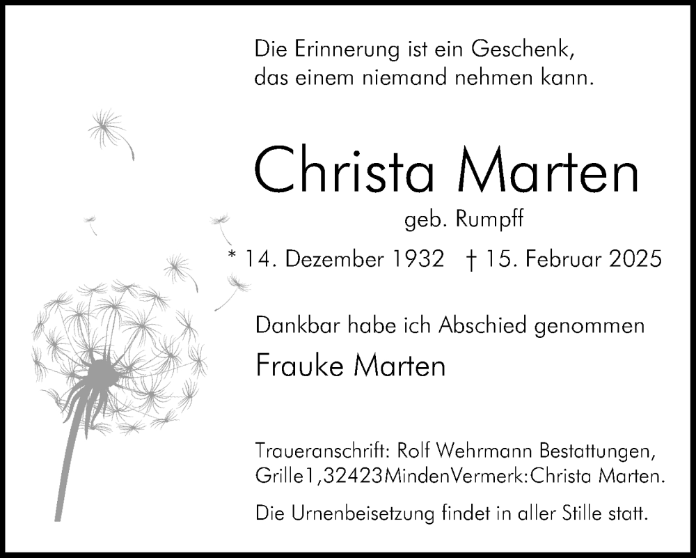 Traueranzeige für Christa Marten vom 22.02.2025 aus Mindener Tageblatt