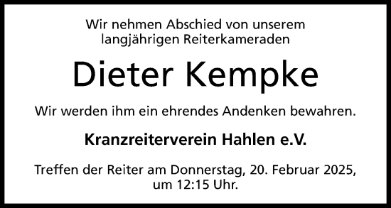 Anzeige von Dieter Kempke von Mindener Tageblatt