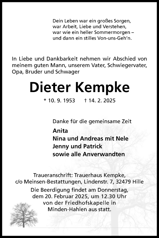 Anzeige von Dieter Kempke von Mindener Tageblatt