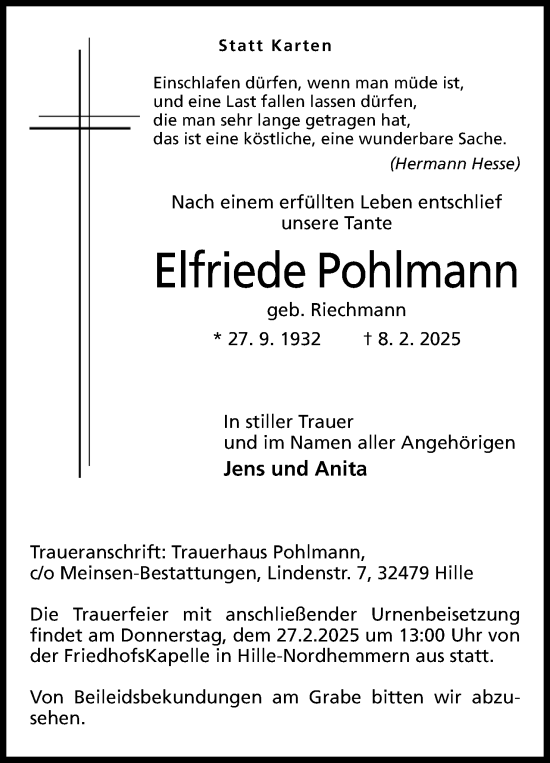 Anzeige von Elfriede Pohlmann von Mindener Tageblatt
