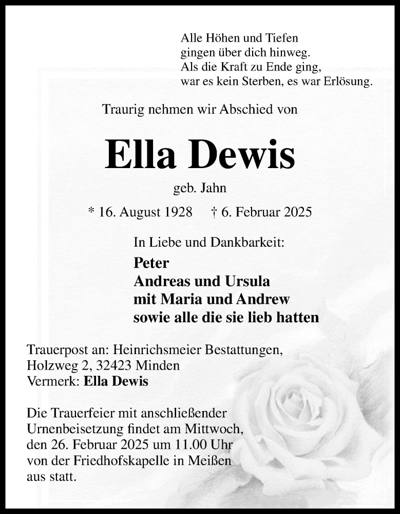  Traueranzeige für Ella Dewis vom 15.02.2025 aus Mindener Tageblatt