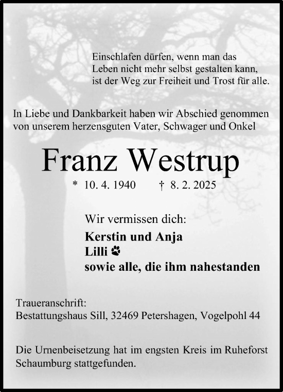 Anzeige von Franz Westrup von Mindener Tageblatt