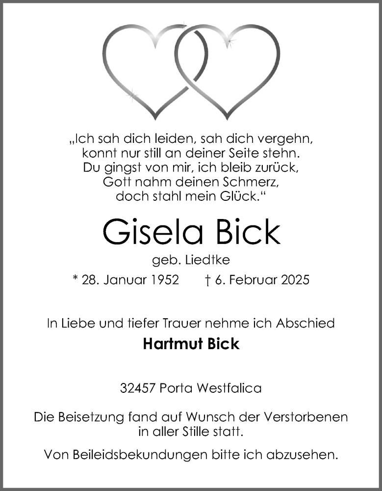  Traueranzeige für Gisela Bick vom 15.02.2025 aus 4401