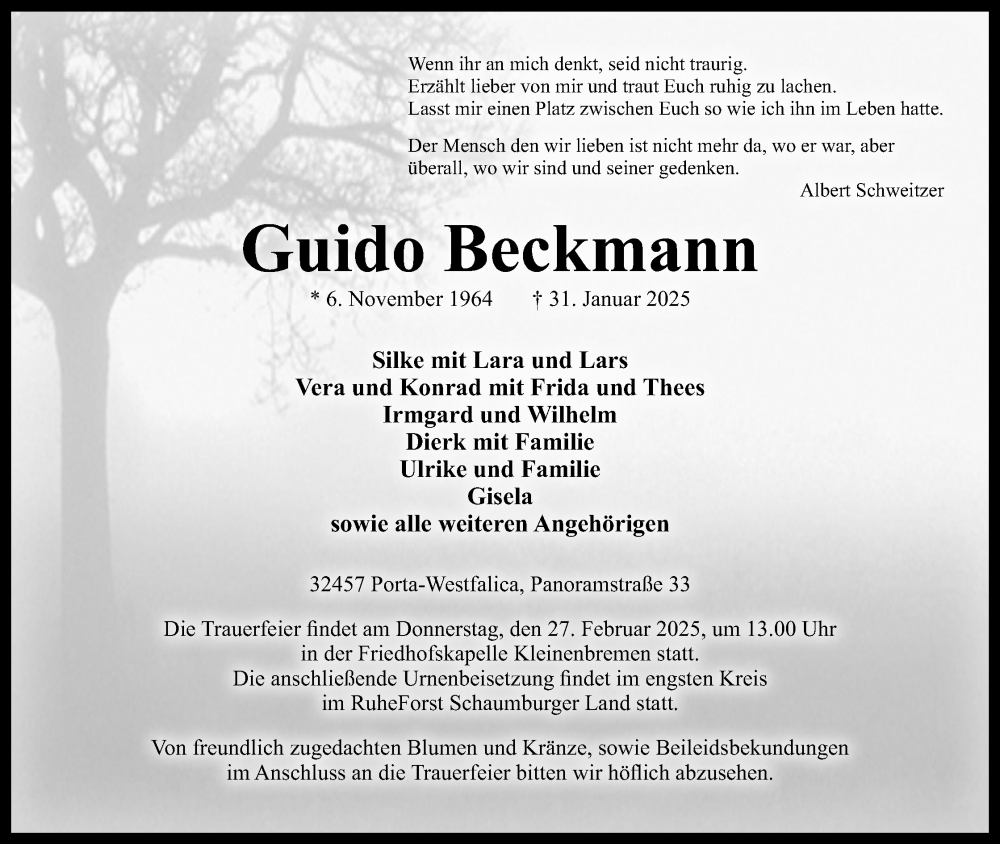  Traueranzeige für Guido Beckmann vom 15.02.2025 aus 4401