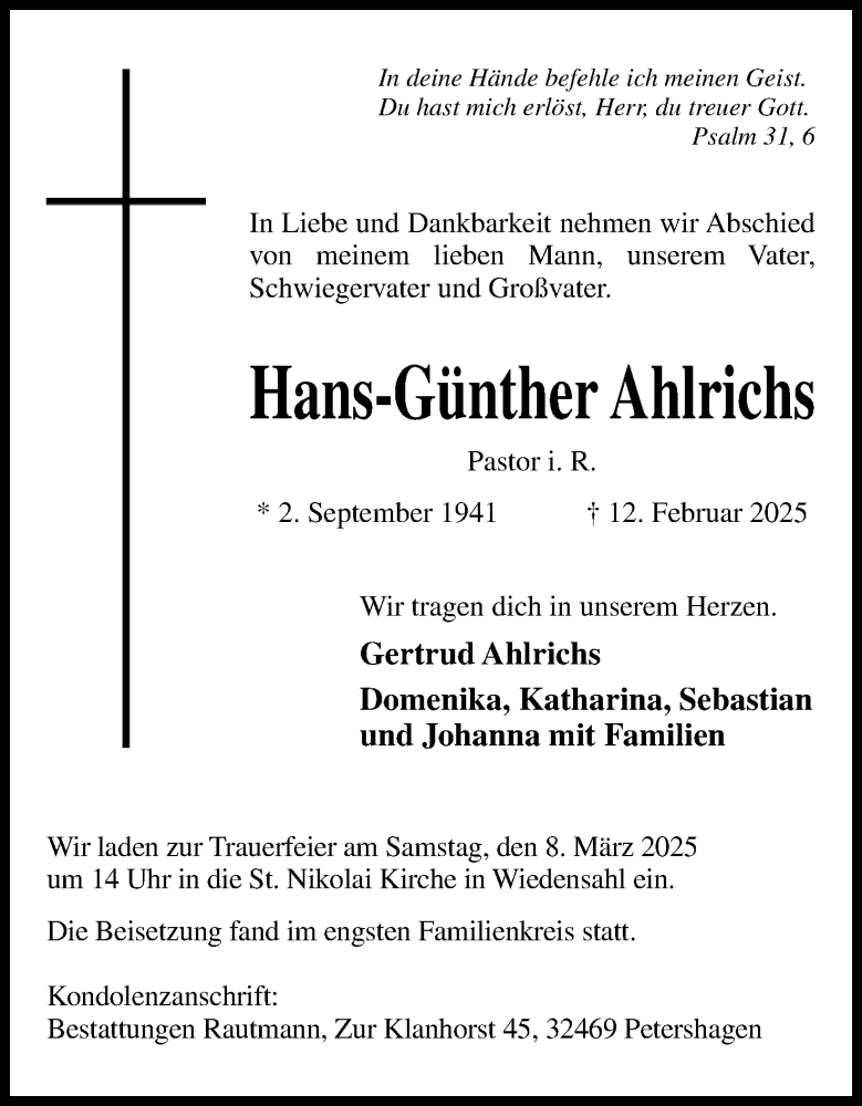  Traueranzeige für Hans-Günther Ahlrichs vom 22.02.2025 aus Mindener Tageblatt