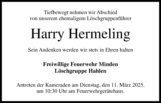 Anzeige von Harry Hermeling von Mindener Tageblatt