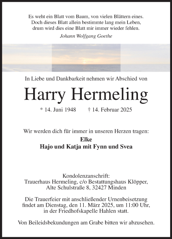 Anzeige von Harry Hermeling von Mindener Tageblatt
