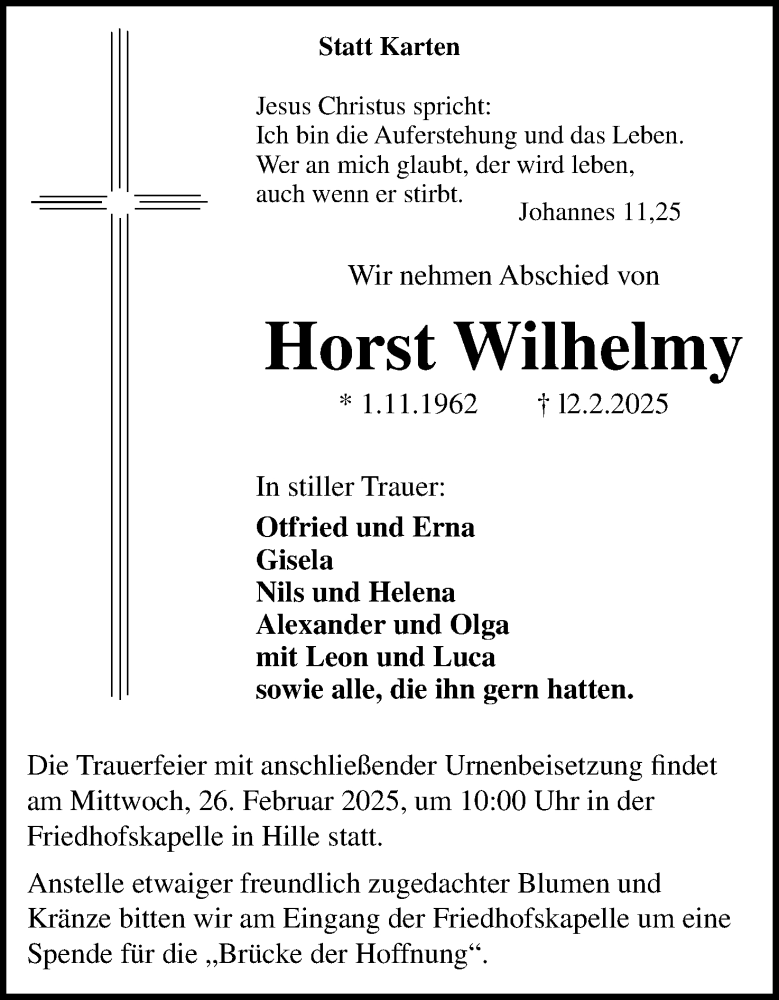  Traueranzeige für Horst Wilhelmy vom 22.02.2025 aus Mindener Tageblatt