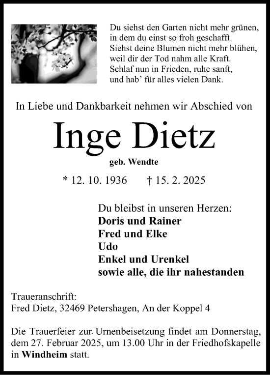 Anzeige von Inge Dietz von Mindener Tageblatt