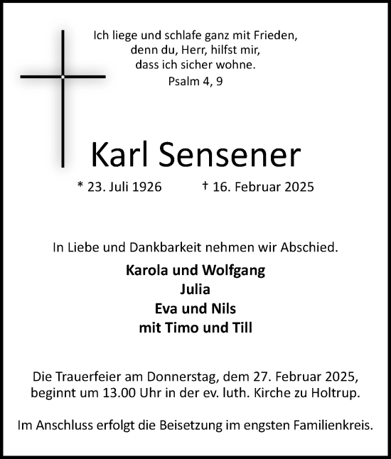 Anzeige von Karl Sensener von Mindener Tageblatt