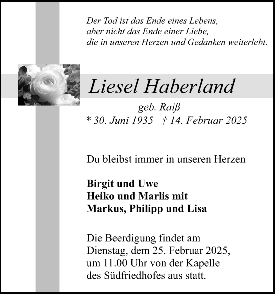 Anzeige von Liesel Haberland von Mindener Tageblatt